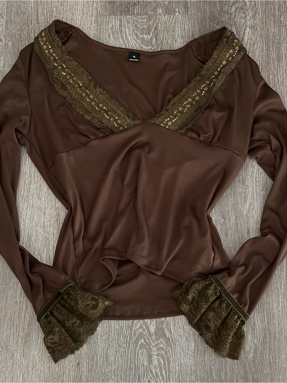 SHEIN Brown Long Sleeve Lace Trim V-Neck Top